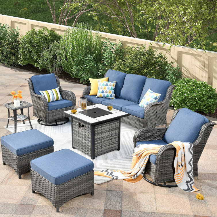 7 Piece Rattan Sofa Seating Group with Fire Pit and Cushions